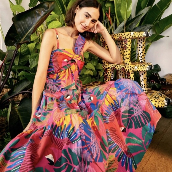 NWT FARM Rio Macaw Bow Top Dress Tropical Leaf Tiered Jungle Midi Dress XS - Picture 3 of 4